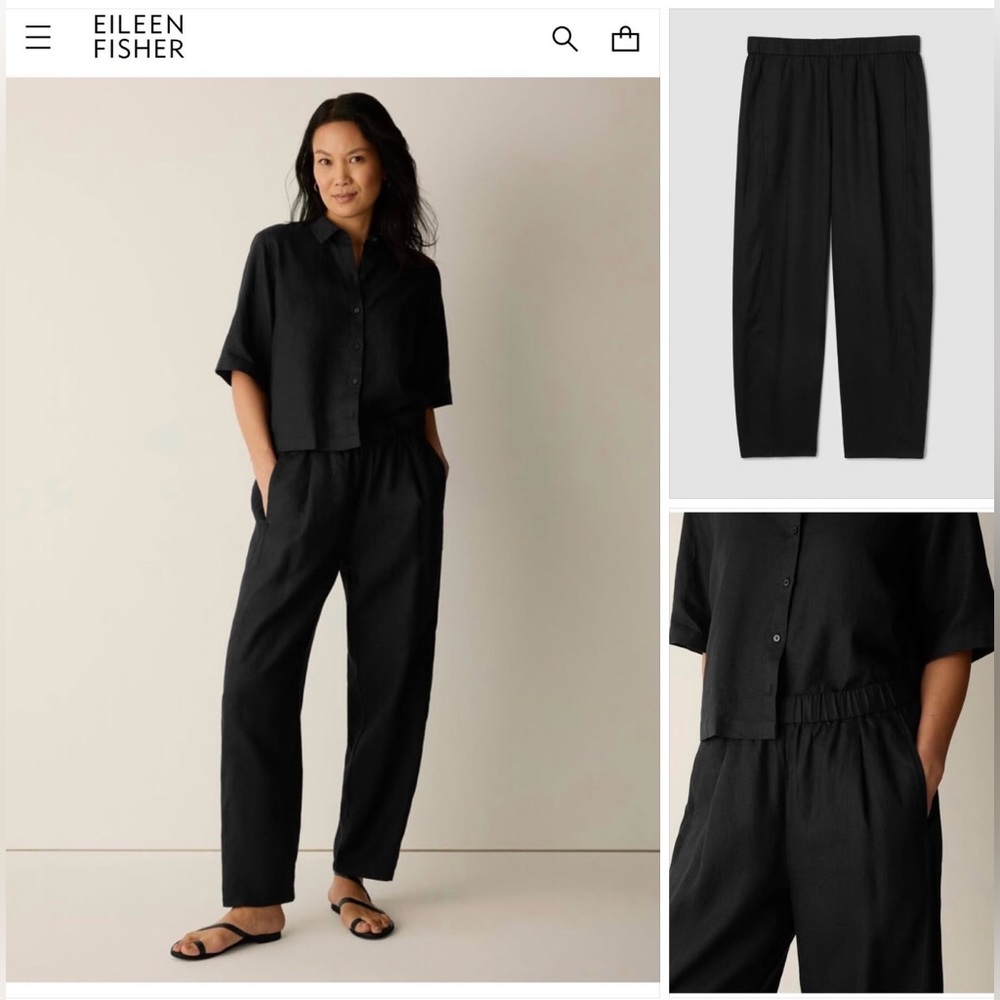 NWT! Eileen Fisher 100% Organic Linen Black Ankle Lantern pants